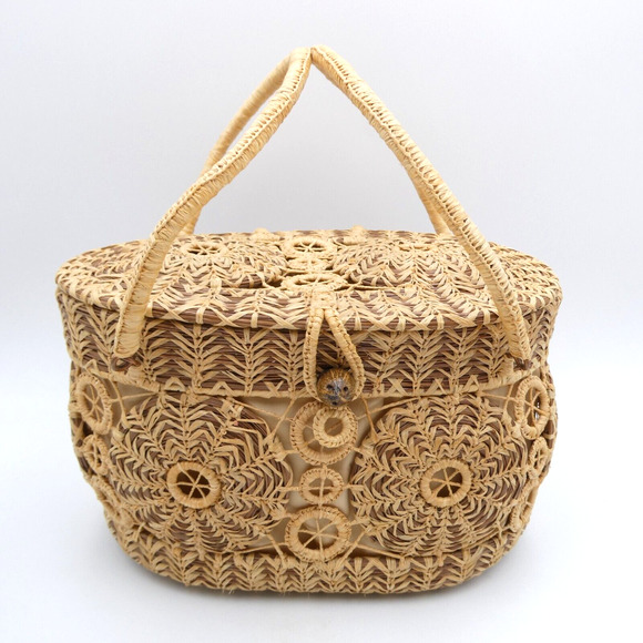 Handmade Woven Pine Straw Basket Purse 10x7 Wood Bottom Retro Boho VTG EUC - Picture 1 of 13